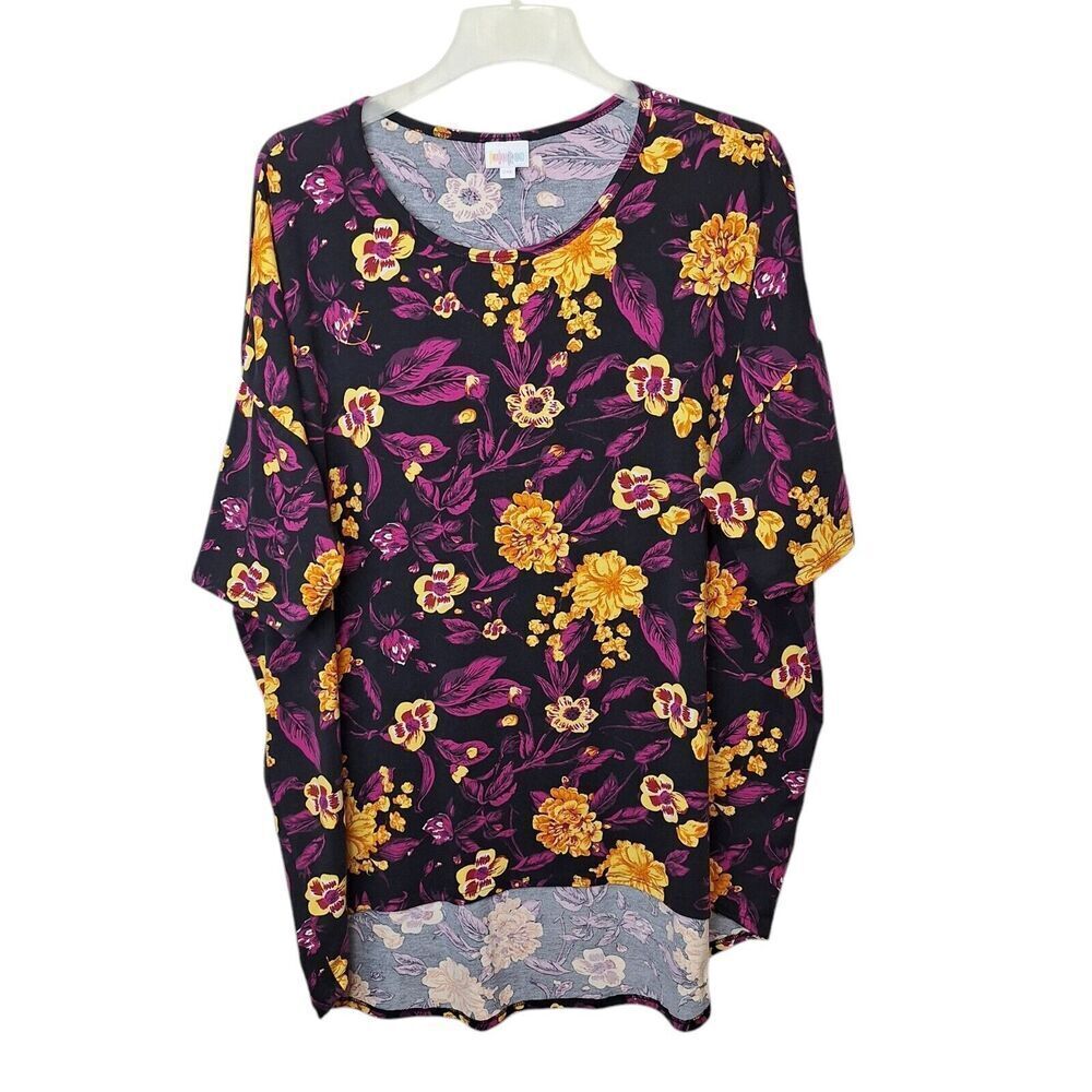 LuLaRoe Womens Irma‎ Pullover T Shirt Top 2XL Black Floral Hi Lo Hemline Knit